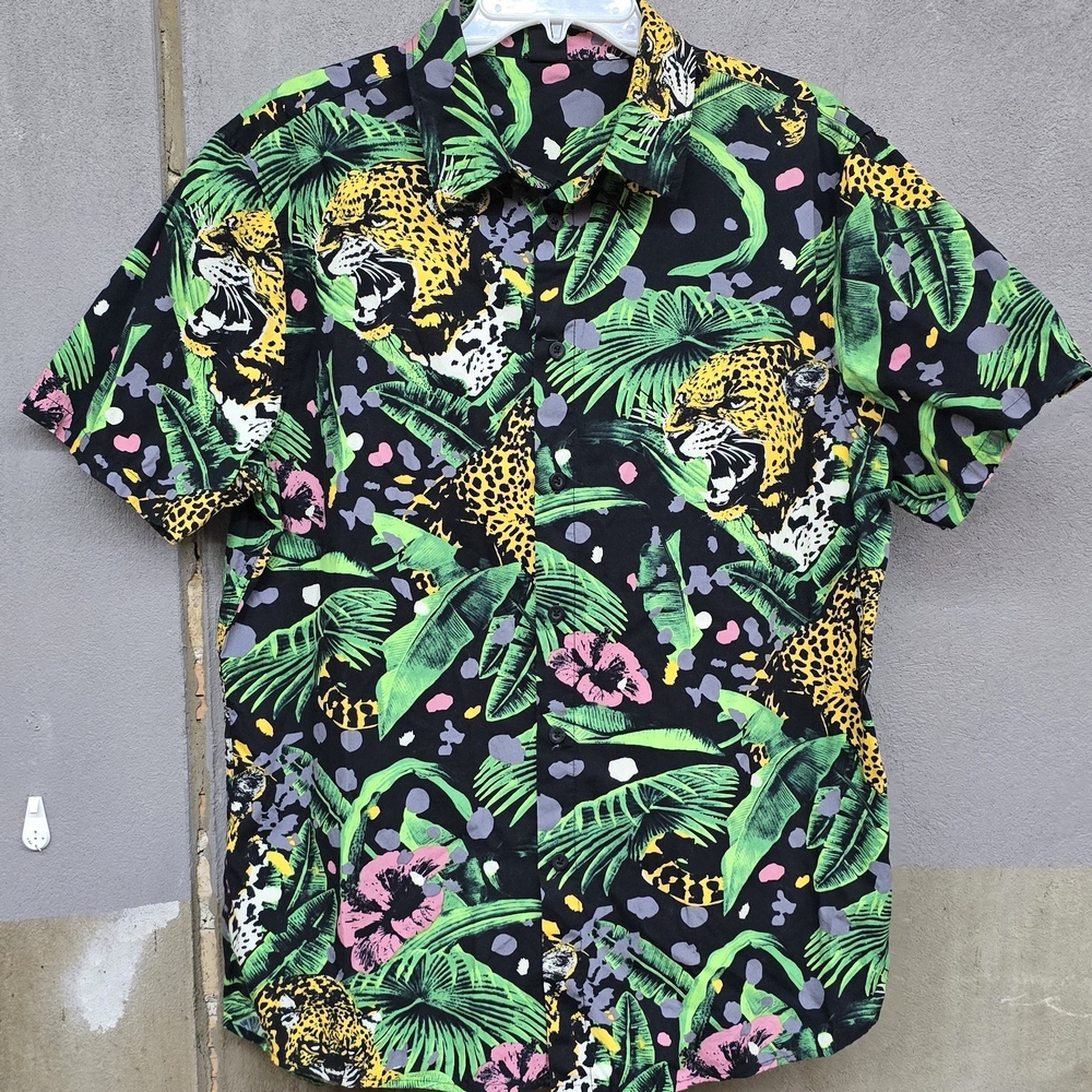 Neff Brand Men's Black Tropical Leopard Print Short-Sleeve Shirt